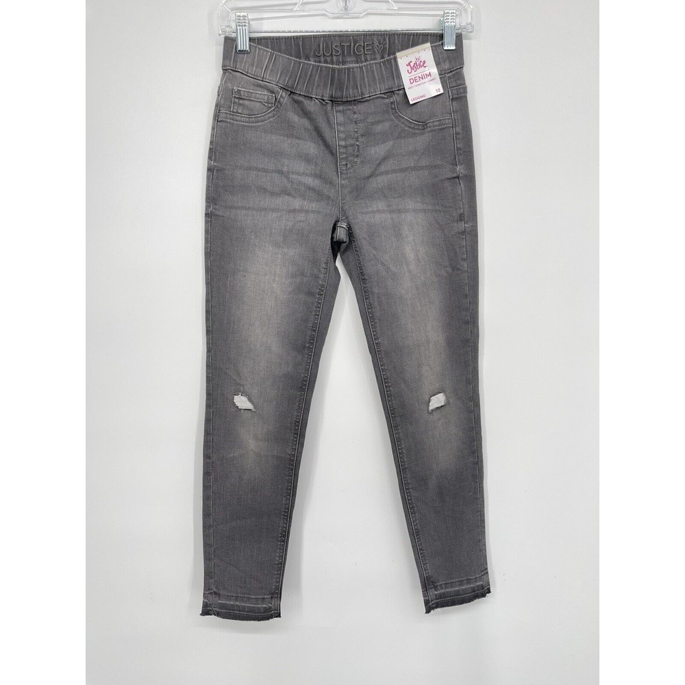 Justice 12 Denim Leggings Kids Grey NEW Distressed Frayed Hem Jeggings
